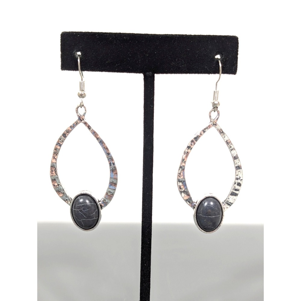 Black Stone Cabochon Silver Tone Hammered Long Dangle Earrings - Western‎ Boho